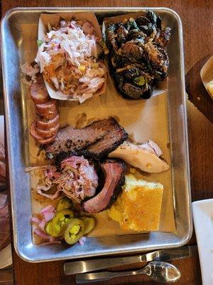 Run of the Mill (sampler Platter) brisket, pulled pork, turkey, pork ribs, sausage link, choice of sides, jalapeño cornbread.