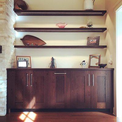 Built-In cabinets and floating shelves in ash.