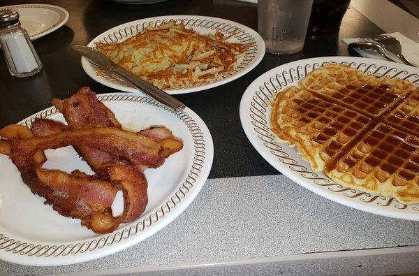 Bacon, hashbrowns, and waffle