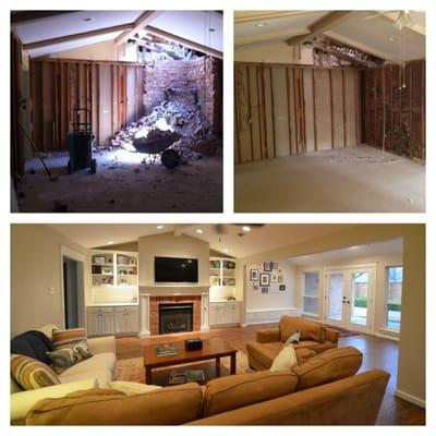 Before and after of living room (during construction and demolition of fireplace)