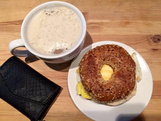 16oz Chai tea latte (on the sweeter side). Sausage egg and cheese on an everything bagel (bagel itself was so good).