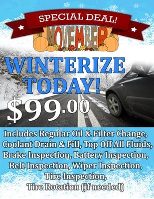 Novermber Deal of the Month! Winterize your car for $99!