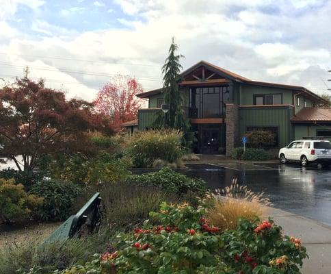 A shot of our building from the beautiful water feature.