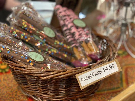 Hand dipped chocolate pretzels.