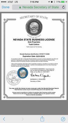 Business license for Todd's Carpet & Tile Cleaning