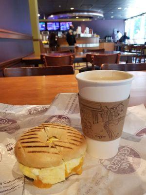 Egg and cheese bagel. White mocha latte (3-pump).