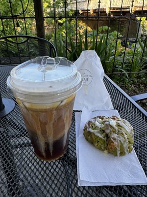 Caramel cold brew and matcha scone.