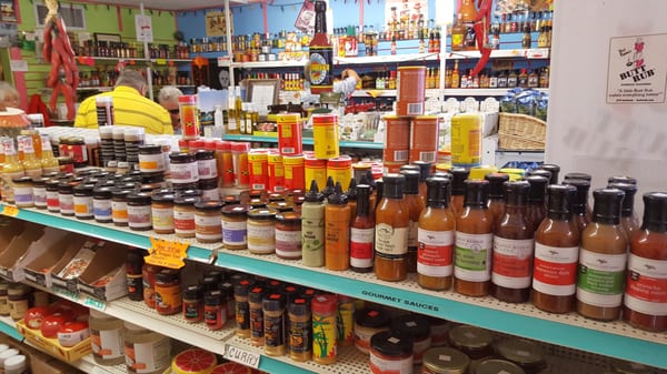 All sorts of sauces, spices and rubs for sampling and purchase