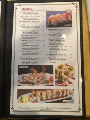 Sushi Roll menu as of January 2023