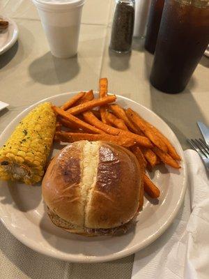 Pulled pork sandwich, sweet potato fries, corn on the cob