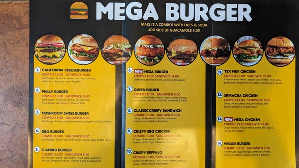 Menu as of 2/2023. Note: Some of the newer burgers appear to be available on their website instead.