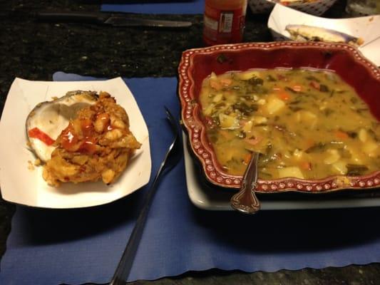 Stuffed quahog and bowl of kale soup. Both absolutely yummy! All that food for less than $7!! Definitely a hidden gem.