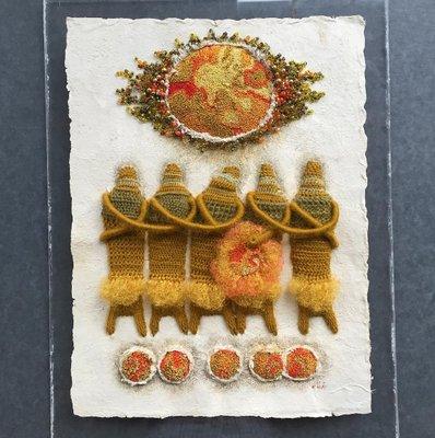 Sun Dancers by Wilcke Smith, 1981.  Embroidery and beads on handmade paper.