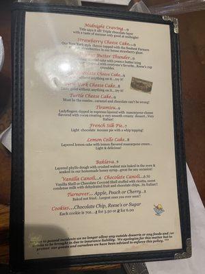 Dessert menu