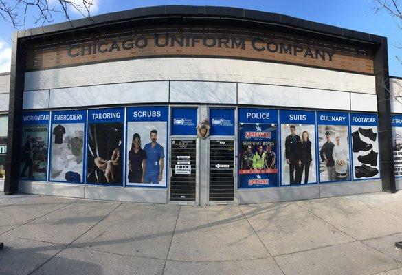 Chicago Uniform Company store front. Check out our uniforms, scrubs, and same day embroidery!