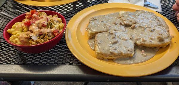 biscuits & gravy with a side of loaded mac & cheese