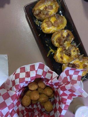 Appetizers: Pepper Jack cheese balls and Potato Skins