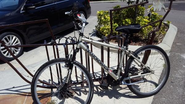 Cool pirate ship bike rack, but doesn't fit 26" tires.