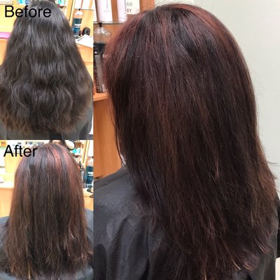 Full head of red-toned highlights and a haircut by stylist Breianna.