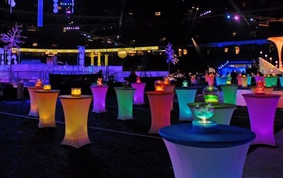 Illuminated highboy cocktail table with spandex cover