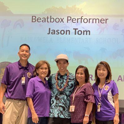 Kauluwela Back to School Assembly with principal Ned Uemae, Mrs. Kaneshiro, Tiger Cub alumnus Jason Tom, Gayle Oura, vp Wendie Kim.