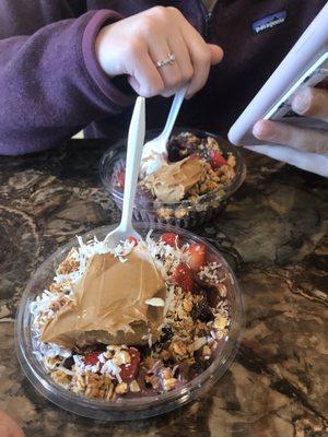 Acai Bowl with strawberries, coconut, peanut butter and granola. Delicious!