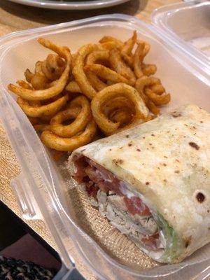 Turkey BLT wrap, curly fries