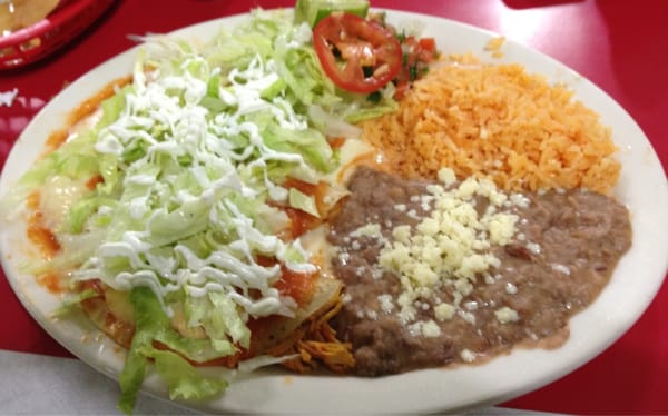 Dinner at El Valle Verde was chicken enchiladas. Came with rice and beans.