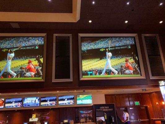 Not the place to watch your favorite games. The TVs are at a 4:3 ratio. Stretched vertical!!!  Plus must bet $200 to even get a free drink.