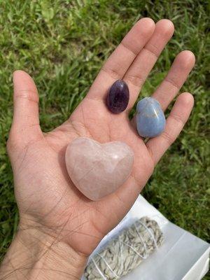 Rose Quartz, Angelite, Amethysts