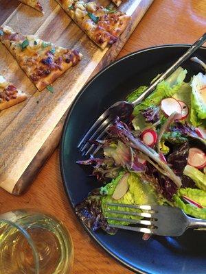 CSA salad plus flatbread pizza from freezer and great minerally white blend from Wellington cellars.