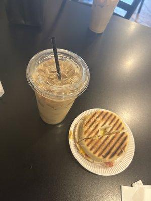 Iced white mocha and 3. Bacon Strips, American Cheese, Egg & Bagel