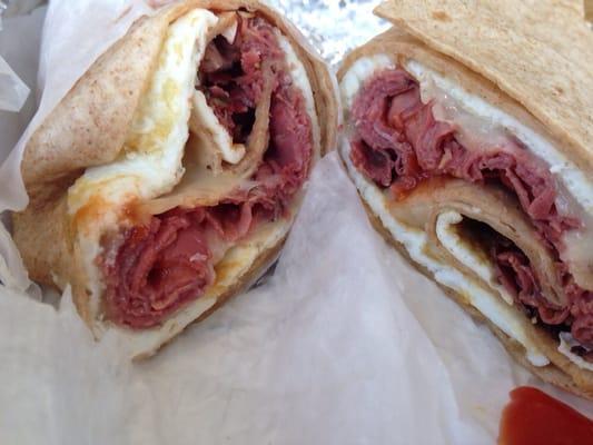 The Hi breakfast wrap: pastrami, low fat jack and egg white