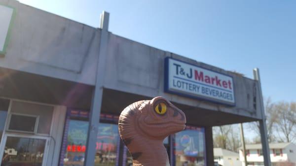 Bob the Raptor Says "This is fun place to get lottery and beer prey."