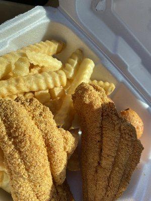 2 piece, fried catfish with fries and hush puppies