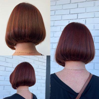 An A symmetrical Bob haircut with an all over copper color.