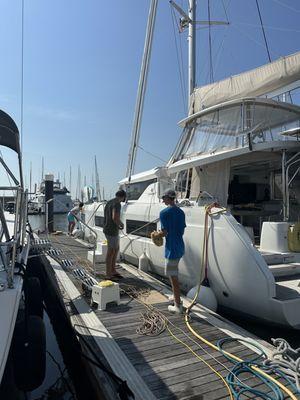 We had our catamaran fully detailed including a full compound buff and polish on the exterior hullsides, and the topside.