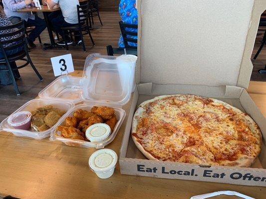 Large cheese pizza, mozzarella sticks, and original 10 Piece Bone-In Wings