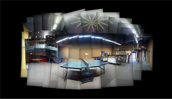 Photo collage of the commons area of Sleeping Giant Studios