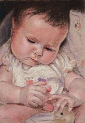 "Frankie Discovers Toes" 16x12 pastel painting by Christopher Reid