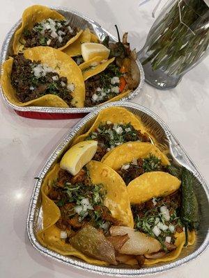 Adobada & Asada Tacos. Plus sides: grilled onions, lemon and serrano peppers