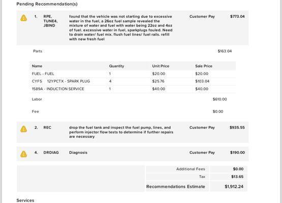 Repair estimate for damages caused by contaminated gas.