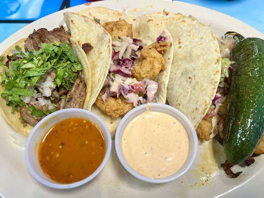 (Left to Right) Pork Carnitas Street Taco Shrimp Street Taco Fish Taco