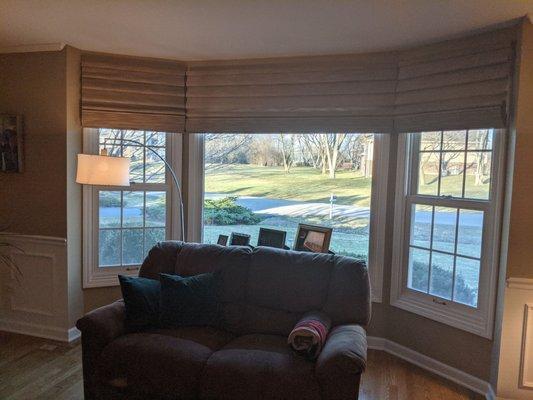 Roman shades in a bay window.