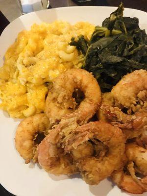 Fried Shrimp, Mac and cheese and collard greens