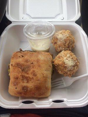 Black bean burger and half order of mac n cheese balls.