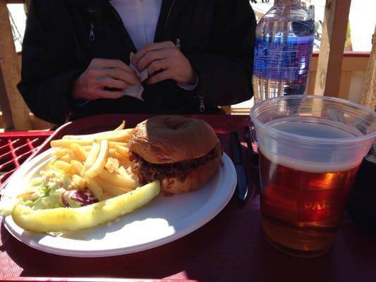 Glutten-free meal. Glutten-free bun, pork & red bridge beer.