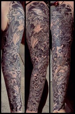 Black and Grey Sleeve. Bird Skulls and Filigree. Done by Donzo