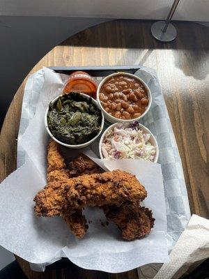 Chickn Strip Meal with one side $10.25 2 additional sides @3.25 each TSV- Nashville Hot Chicken sauce