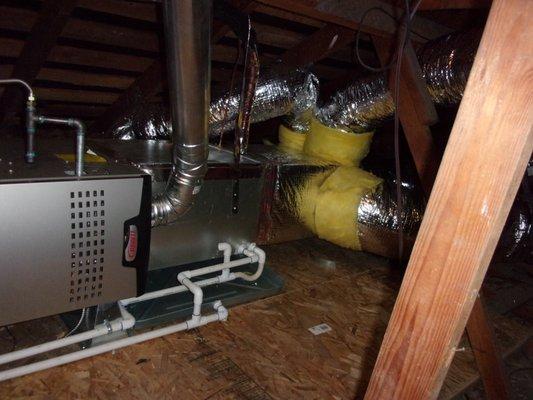 Perfect furnace installation and duct work in an attic from the best teams in the business.